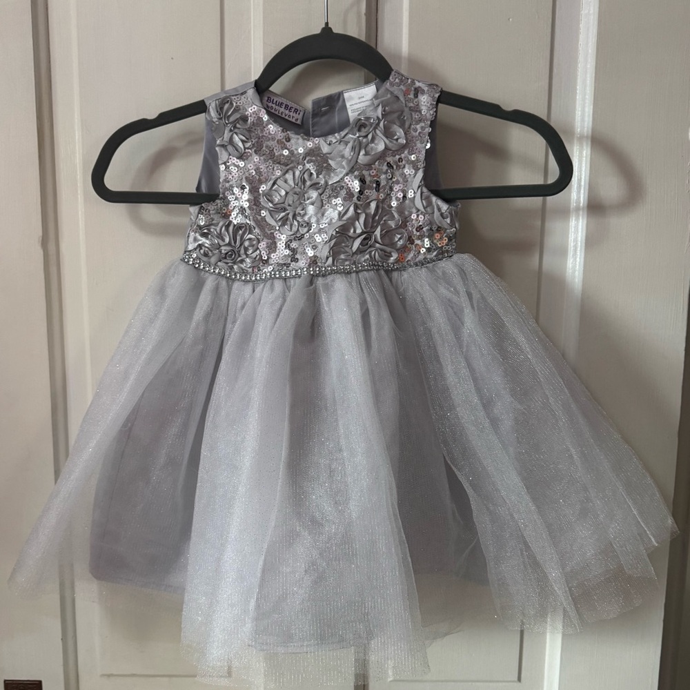 Blueberi Boulevard Silver Sequin Floral Tulle Dress